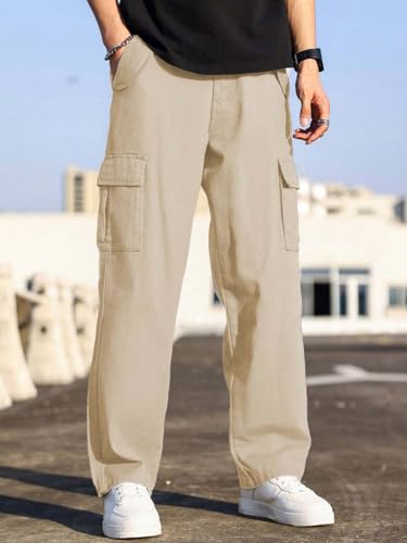 Image of KOTTY Men's Loose Fit Cargo Denim Jeans - Vintage Washed Utility Jeans with Side Pockets