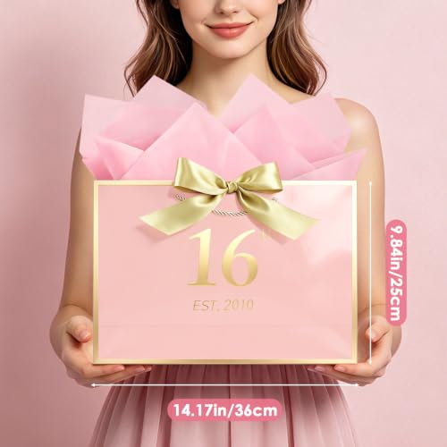 Image of JMANNI Birthday Gift Bag with Card and Tissue Paper for Men Women Him, Elegant Pink Gold Anniversary Keepsake Party Present Shopping Paper Bags for Gifts Wrapping Pink / 13 inch Large /EST.2010 16th