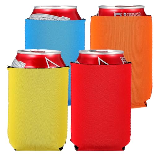 4 enfriadores de latas en blanco, fundas para botellas de cerveza, fundas aislantes estándar para bebidas, cervezas, latas, botellas, 4.92 x 3.94 pulgadas, rojo, amarillo, azul oscuro, naranja, goma