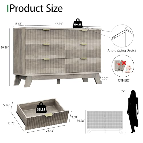 Image of Xixini Fluted Dresser for Bedroom with 6 Drawers, 48 inch Wide Modern Chest of Drawers with Metal Handle, Wooden Dresser TV Stand, Wood Closet Clothes Storage Organizer for Living Room, Hallway, Grey