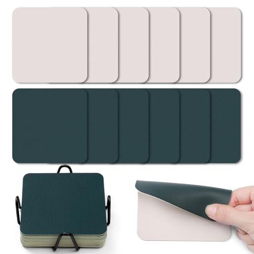 Myir JUN Dessous de Verre Double Face - Set de 12 Sous-verres Originaux 10cm en Cuir, Imperméables, Antidérapants à l'Épreuve du Feu (Vert Ivoire)