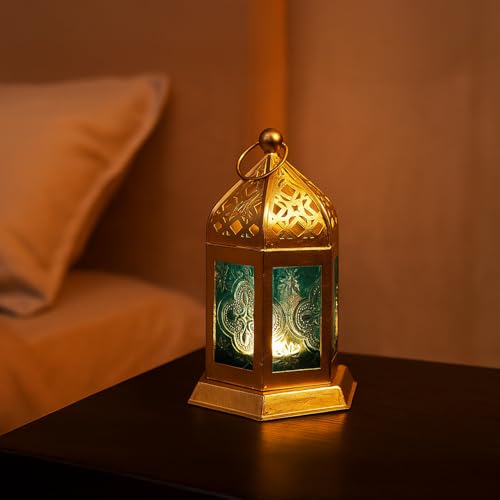 Image of MARKET 99 Moroccan Lantern Candle Holder | Metal & Glass Tealight Lantern | Golden & Blue Decorative Lamp | Home Decor for Living Room, Table & Dinner Setup | (Use LED T-Light only)