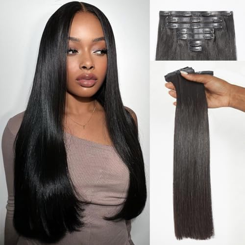 LUVME Semaless Clip in Hair Extensions Real Human Hair, 270g 14pcs 20 Inch Silky Straight Natural Black Hair Extensions for Women Extensions Clip ins