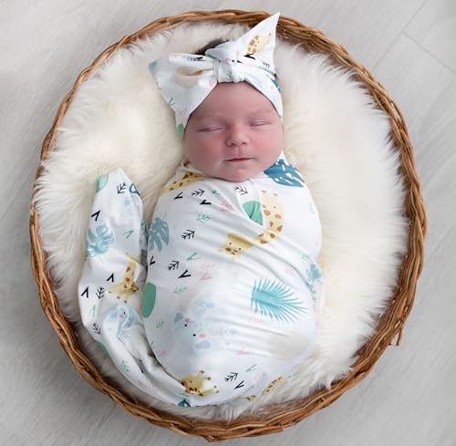 Image of Newborn Baby Swaddle and Headband Beanie Set Animal Print Receiving Blanket with a Name Card (Green and White)