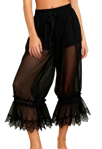 Image of UAURORAO Women Lace Trim Long Bloomers Elastic Mid Rise Ruffle Pantaloons Cropped Flared Slips Pants Pajama Bottoms