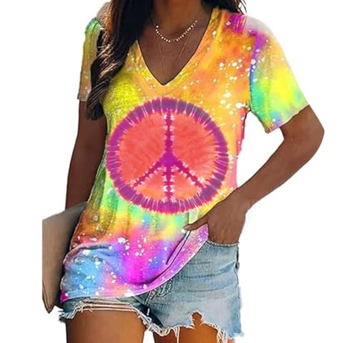 Women Hippie Shirt 60s 70s Peace Love Graphic Tie Dye V-Neck Tshirt Vintage Hippie Style Tee Tops