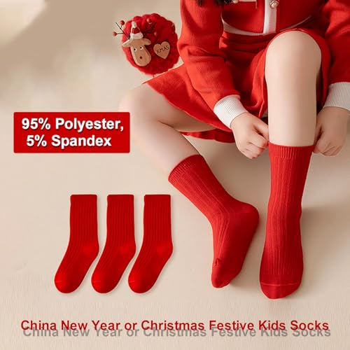 Socks for Kids Mid-Calf Red Solid Ribbed Cuffs Crew Socks Christmas or China New Year Festive Kids Socks 3 Pairs2