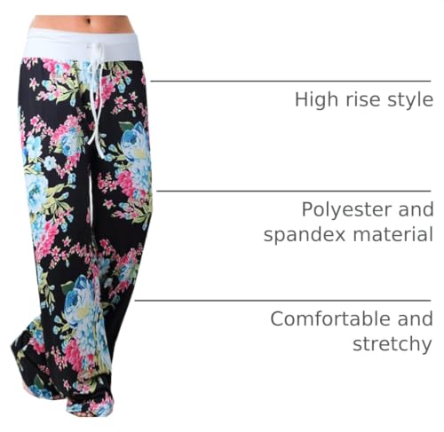 Image of iChunhua Women's Comfy Stretch Floral Print Drawstring Palazzo Wide Leg Lounge Pant
