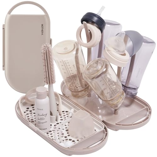 Image of MOTHER-K Travel Baby Bottle Drying Rack Set - Baby Bottle Cleaner Kit with Cleanser and Mini Silicone Bottle Brush, Portable Bottle Drying Rack for Home and Travel (Cream Mocha)