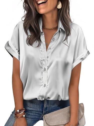 Zeagoo Womens Satin Blouse Short Sleeve Silk Tops Button Down Shirts Business Casual Outfits Silver Grey