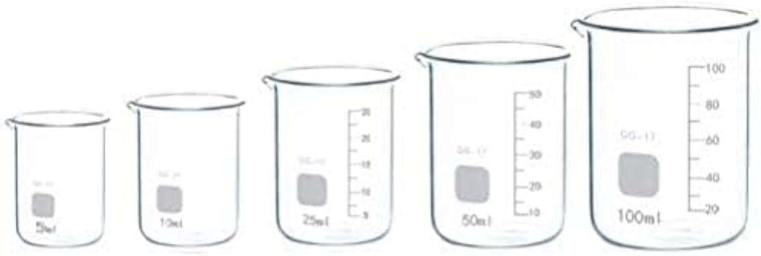 Boro 3.3 Glass Graduated Measuring Beaker for Lab or Kitchen (5+10+25+50+100ml)