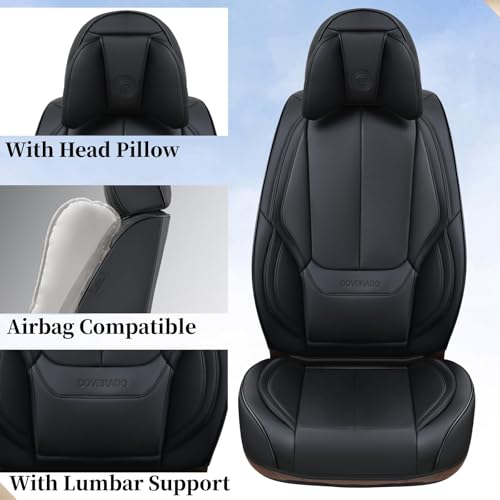 Image of Coverado Car Seat Covers 5 Pieces, Full Set Universal Seat Covers for Cars, Waterproof Nappa Leather Auto Seat Protectors with Head Pillow, Car Interiors Fit for Most Pick-up Truck Sedans SUV, Black