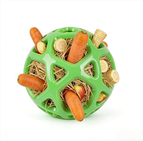 BUQUDAWN 11 Large Hanging Hay Feeder Ball Toy for Horse Goat Sheep Durable TPR Stress Relief Feeder Stretch-Resistant Boredom Breaker Hay Ball Stall Toy (Green)