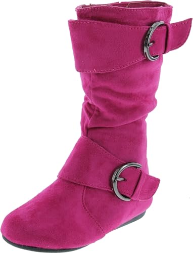 Link Klein-70k Girl's Kid's Faux Suede Two Buckle Zipper Flat Heel Mid Calf Slouchy Boot Shoes (4 B(M) US, Fuchsia)