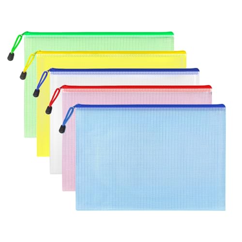 Image of Qcdou 5 Pcs Plastic A4 Zip Wallets, File Folder Zipper Wallets, Document Zip Lock Bags, Plastic Folders, School Folders, Mesh File Folder for School, Home, Office and Travel