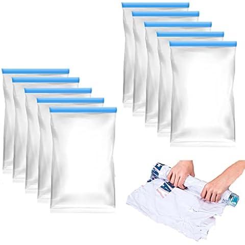 HANTURE 10Pcs Vacuum Travel Compression Bags Reusable Rolling Travel Space Saver Bags for Packing Suitcases Waterproof Clear Travel Storage Organizers Sacks, 13.7x19.6inch Cover