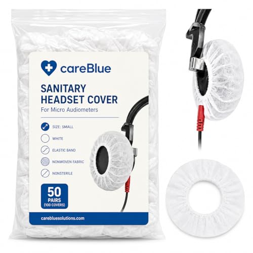 careBlue Sanitary Headset Covers for Micro Audiometers – Disposable Nonwoven Earphone Covers with Elastic Band – White Small Size – NonSterile (50 Pairs)