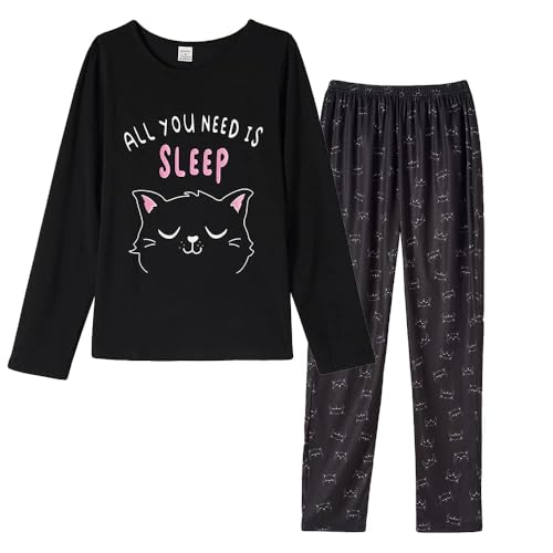 MyFav Damen Pyjama Sets Niedliche Langarm-Oberteile und Hosen Nachtwäsche Weiche 2-Teilige Schlafanzug Loungewear,Schwarze Katze,M