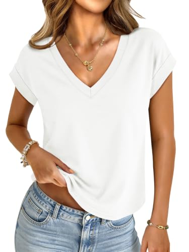 Image of UNCLECAT Womens Crop Tops V Neck Short Sleeve T Shirts Summer Basic Tee