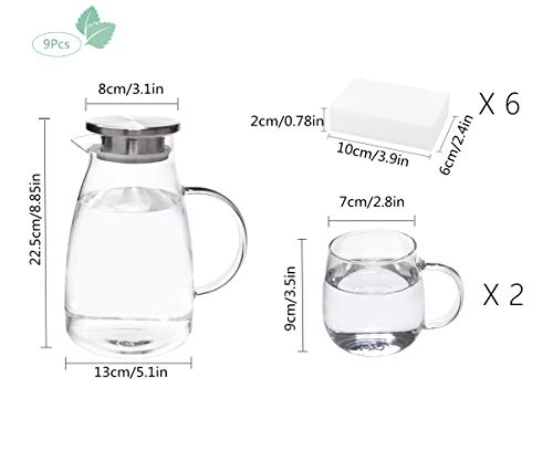 (9 PCS) Glass Pitcher Set Borosilicate 2.0 Liter 68 Ounces Glass Pitcher with Lid and 2 Borosilicate Glass Cups Suit Iced Tea Jug Hot and Cold Water Ice Tea Wine Coffee Milk and Juice Beverage Carafe
