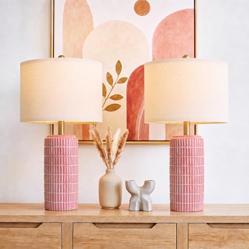 PoKat 23 Ceramic Table Lamps for Living Room Farmhouse Bedside Lamps Set of 2 for Bedroom Rustic Nightstand Lamps for Office Sideboard Entryway Hallway Decor Gifts (Matte Red)