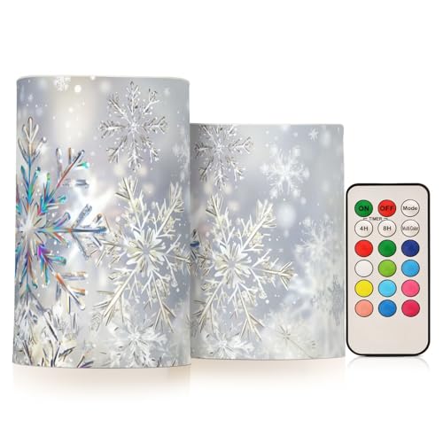Image of Christmas Lights Flameless Candles Silver Background Snowflakes B Pillar Candles Set of 2 Battery Operated Remote Control Warm Lights Home Decor