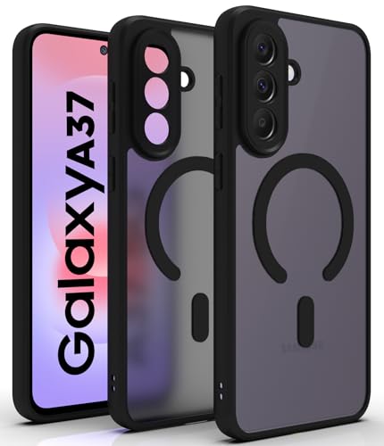 Image of RIGGEAR Shockproof Sleek Hybrid Armor Magnetic Back Cover Case Compatible with MagSafe Accessories for Samsung Galaxy A37 5G (Smoke Black Matte PC + Black TPU Bumper)