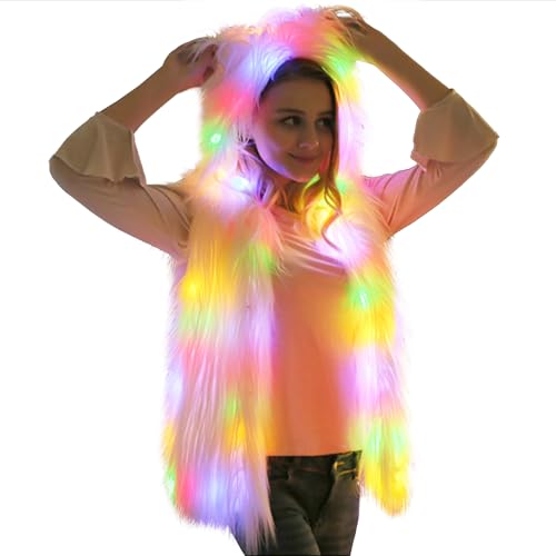 Luwint LED Light Up Vest for Women, Faux Fur Flashing Jacket with Hood, Rave Christmas Halloween Costume Party Wear, White, Medium