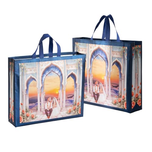 Image of Lavya Large Size Return Gift Bags | Reusable Non-Woven Metallic Laminated Matt Finish Carry Bags for Weddings, Traditional Gifting, Sarees, Sweets & Dry Fruit Boxes (Royal Sunset Wedding, L-16x14x4, Pack of 20)
