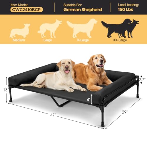 Veehoo Hundeliege Outdoor Sehr Grosse Hunde, Kühlendes Erhöhtes Hundebett mit abnehmbarem Bloster, Hundeliege Abwaschbar Hunde Reisebett, Schwarz 120 x 74 x 23cm