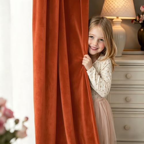 Image of MIULEE Fall Burnt Orange Blackout Velvet Curtains 96 Inch Long 52 inchx96 inch Soft | Luxurious Bedroom Living Room Decor, Room Darkening, Thermal Insulated, Rod Pocket Design, Super Soft Fabric