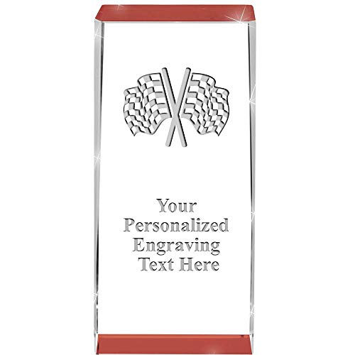 Crown Awards 4.5" Checkered Flags Spotlight Red Crystal Award with Your Own Text, Personalized Checkered Flags Crystal Trophy, Engraving Included
