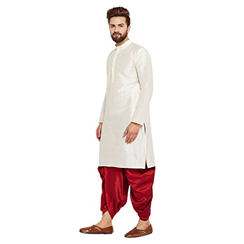 Image of SOJANYA (Since 1958 Men's Off-White and Gold Dupion Silk Dhoti Kurta Set