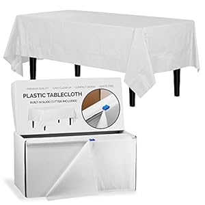 Exquisite 54 Inch X 300 Feet White Plastic Table Cover Roll in A Cut – to – Size Box with Convenient Slide Cutter. Cuts Up to 12 Rectangle 8 Feet Plastic Disposable Tablecloths