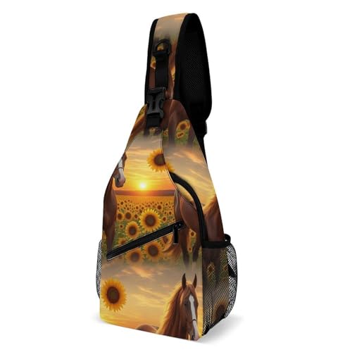 Fashion Dress Decor Sling Backpack Shoulder Bag, Day Pack, Chest Shoulder Bag For Men And Women Sunflower Horse