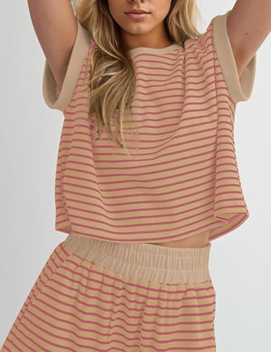 Image of MISSACTIVER 2 Piece Lounge Set Women Stripe Knit Short Sleeve Tee Shirts Shorts Casual Summer Loungewear Shorts Sets