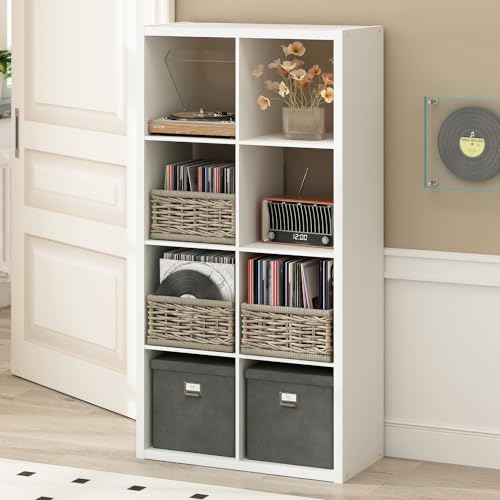 Image of Furinno Cubicle Record Player Stand, 8-Cube Vinyl Record Storage, White | Vinyl Storage, 1.2 inchInch Extra Thick, Open Back Media Shelf for CD DVD Bluray Game Disc, for Living Room, Home Office