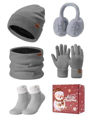 Niwicee Stickad Mössa och Halsduk Set - 5 St Vinter Varm Fleece Fodrad Hatt, Pekskärm Handskar, Öronvärmare, Termiska Strumpor för Utomhussport, Skidor, Utflykt - Grå, En Storlek