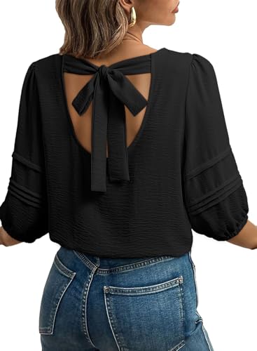 Dokotoo Spring Tops for Women 2026 Crew Neck 3/4 Length Sleeve Womens Tops Loose Solid Elegant Tie Back Bowknot Fashion Clothing Womens Blouses Dressy Casual Office Work Business Outfits Black Small