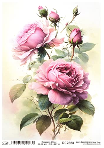 Josys Bastelmärchen Reispapier A4 Strohseide Decoupage Serviertentechnik Blumen pink Rosen RE2323