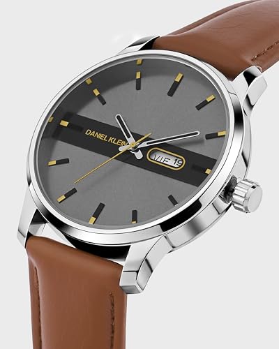Image of Daniel Klein Tan Brown Leather Strap Day Dated Men's Analog Watch - Dk.1.14024-1