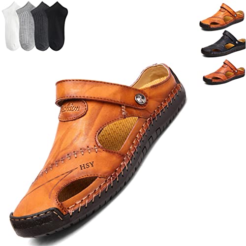 LELEBEAR Mutlon Sandals - Men's Casual Closed Toe Leather Handmade Sandals - Mutlon Leather Classic Sandals Slipper Outdoor
