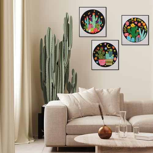 Image of Nuberlic 3 Pack Embroidery Kit for Beginner Adults, Stamped Cross Stitch with Cactus Patterns Include 3 Hoop, Cloth Thread Needles and Instructions