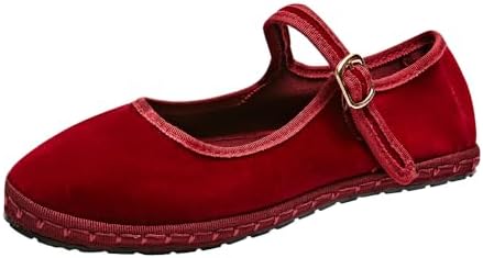 Skaenara Velvet Mary Janes Shoes for Women Red Ballet Flats with ...