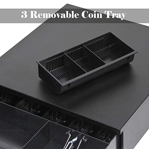 Image of Sagrach Cash Register Drawer for Point of Sale (POS) System with 5 Bill 5 Removable Coin Cash Tray | Metal Cash Box With RJ11 Interface Key Lock for Stores, Shops, and Businesses(Black)