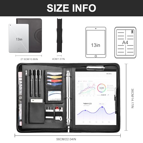 Image of Leathario Portfolio Binder, Includes 5 Folder Index Dividers, 13 Inch Tablets Organizer with Handle, Vegan Leather A4 Padfolio, Multi-Pocket Notepad Business Planner Professional Document