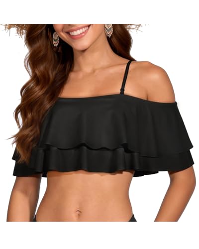 Women Ruffle Bikini Top Black Double Layer Flounce Swimsuit Off Shoulder Bathing Suit top Only M