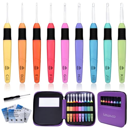 Image of Lewhoo Light Up Crochet Hook with Battery 2.5-6.5mm, 9 Size Led Crochet Hooks Set with Bag for Dark Yarn, 3 Packs Replacement Batteries Crochet Needle Set