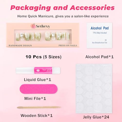 Sethexy Short Coffin Handmade False Nails - 3D Butterfly, Gradient, Rhinestone, Pearl Press on Nails Women Salon Stick on Nails 10PCS - Image 3