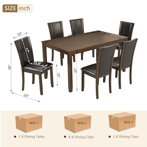 Image of KEIKI 7-Piece Standard Height Dining Table Set with Rectangular Table, 6 Upholstered Chair, for 6 Person, Farmhouse Rustic Style Table Set, Easy Assembly, for Kitchen, Dining Room, Dark Walnut